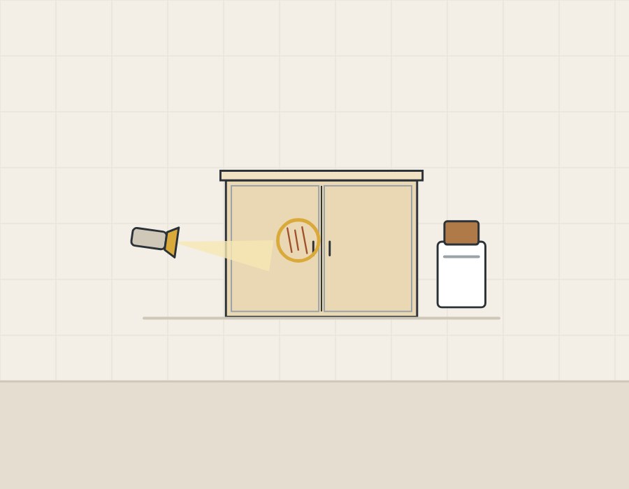 Illustration of an unfinished vanity cabinet lit from the side by a hand lamp, with scratches ringed on a door and a closed can of stain beside it