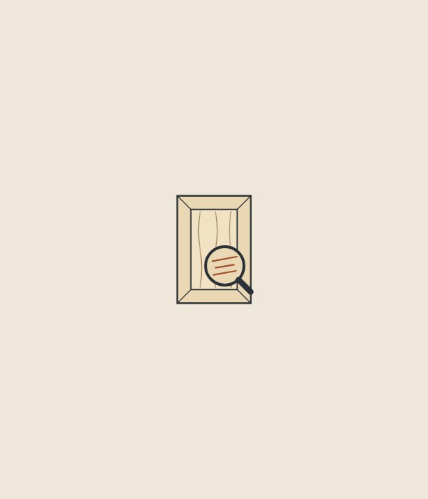 Illustration of an unfinished framed cabinet door with a magnifier showing cross-grain scratches
