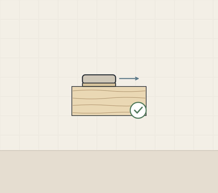 Illustration of a sanding block on a bare board with an arrow along the grain and a check mark