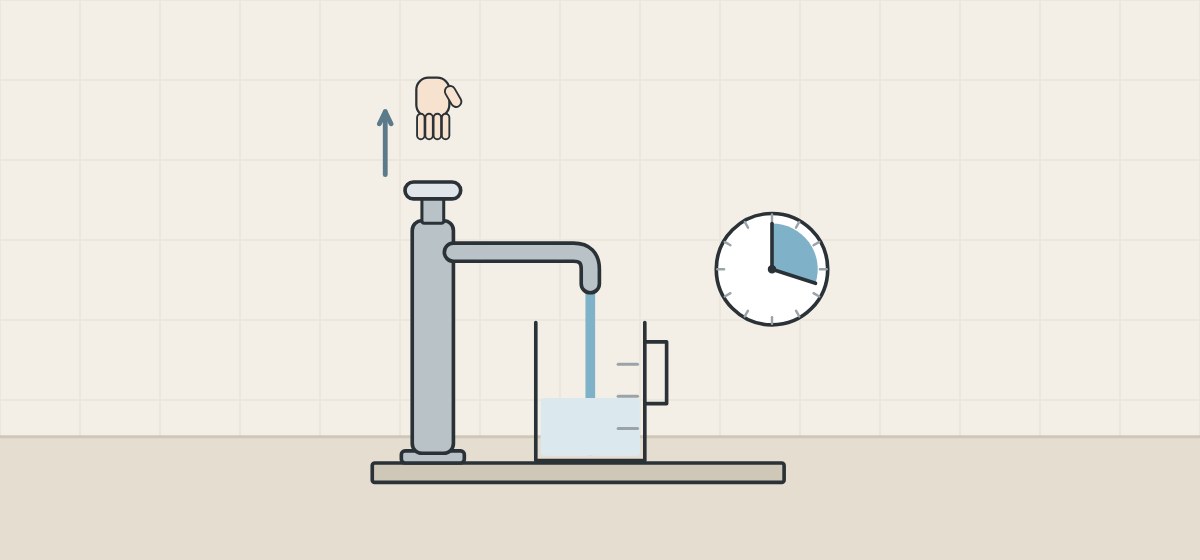 Illustration of a hand lifting off a push-button faucet that is part-filling a measuring jug beside a clock
