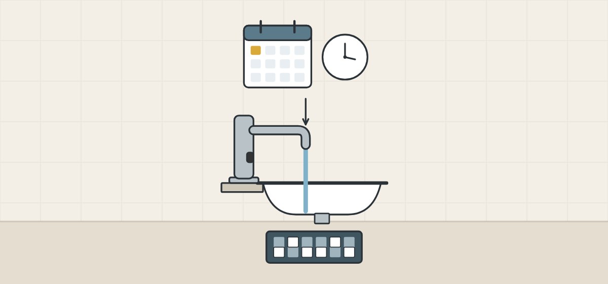 Illustration of a calendar and clock above a sensor faucet running with no user, and a block of setting switches