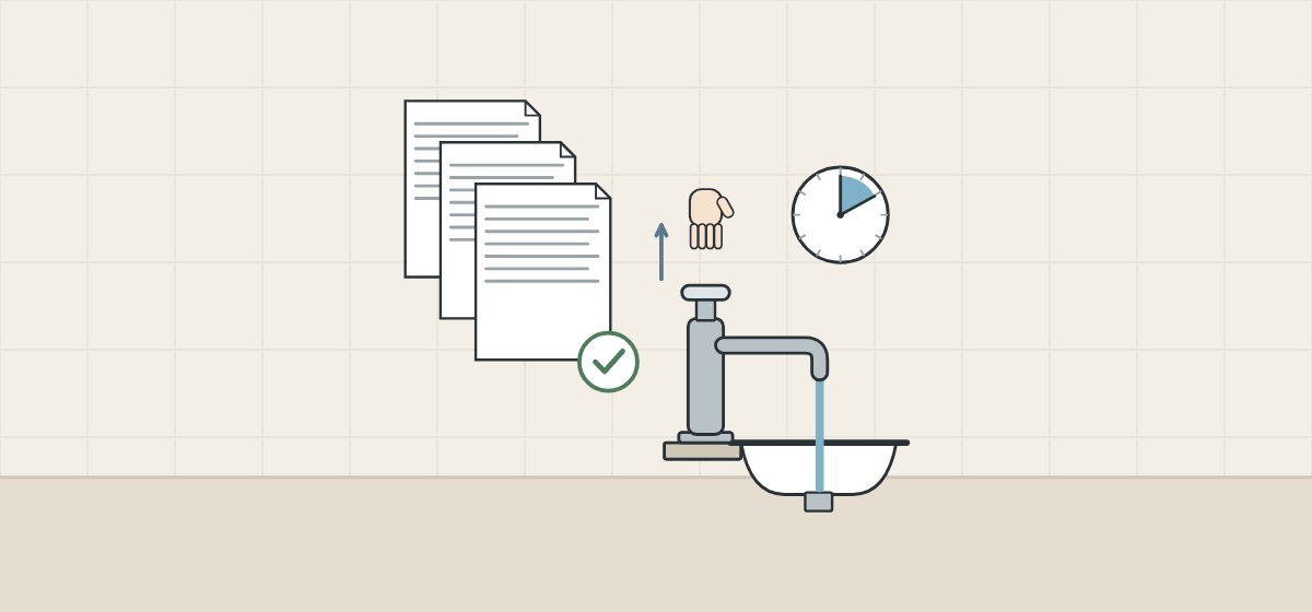 Illustration of three stacked documents beside a hand lifting off the button of a push-button faucet and a clock