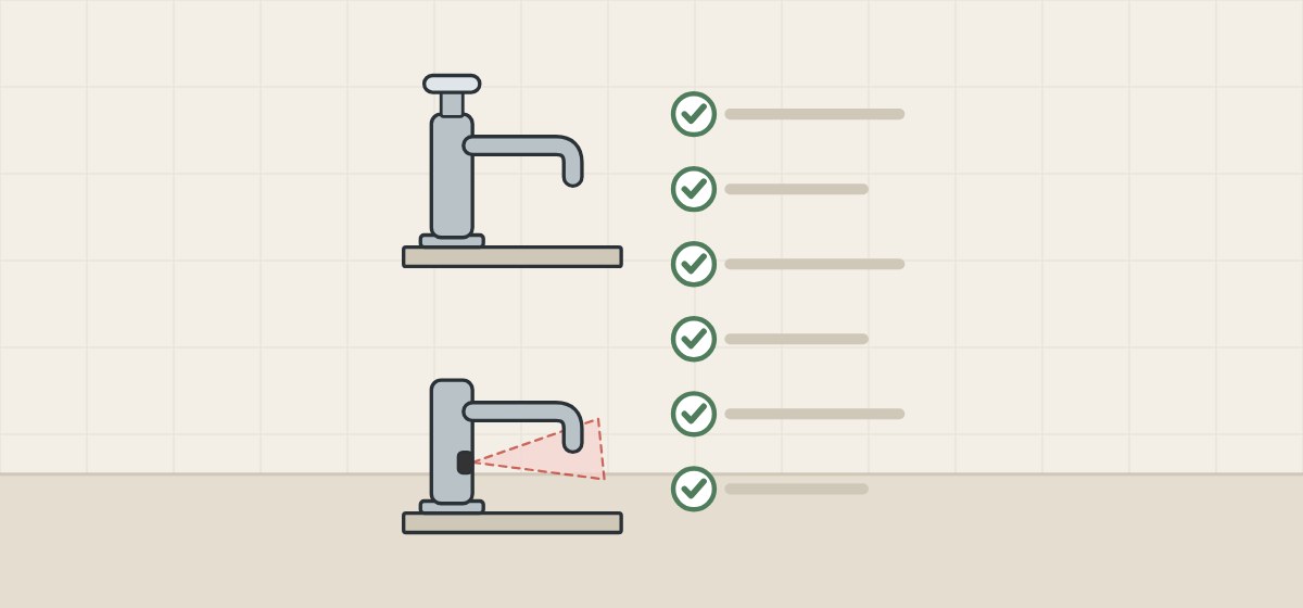 Illustration of a push-button faucet and a sensor faucet beside a ticked checklist