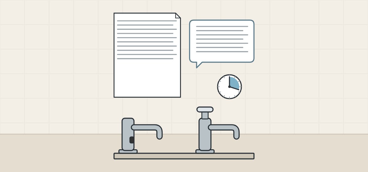 Illustration of a document, a message bubble and a clock above a sensor faucet and a push-button faucet