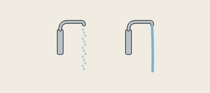 Illustration: two faucets: one with an aerated, bubbly stream and one with a clear laminar stream