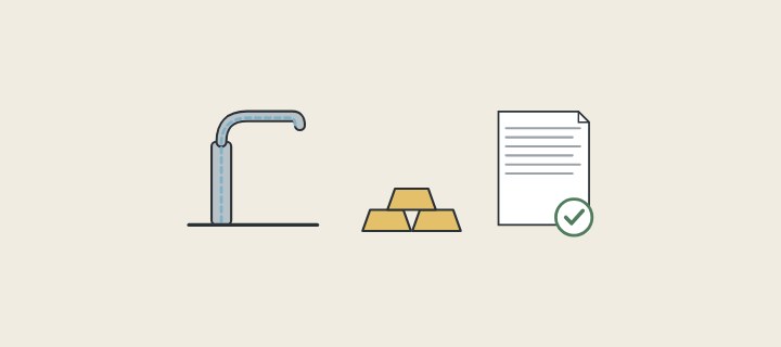 Illustration: a faucet with its waterway marked, a stack of brass bars and a ticked document