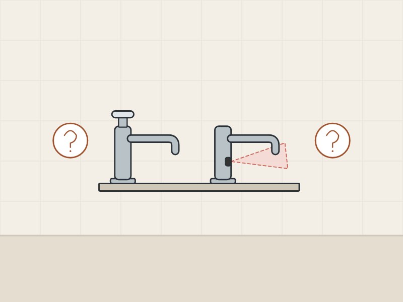 Illustration of a push-button faucet and a sensor faucet between two question marks