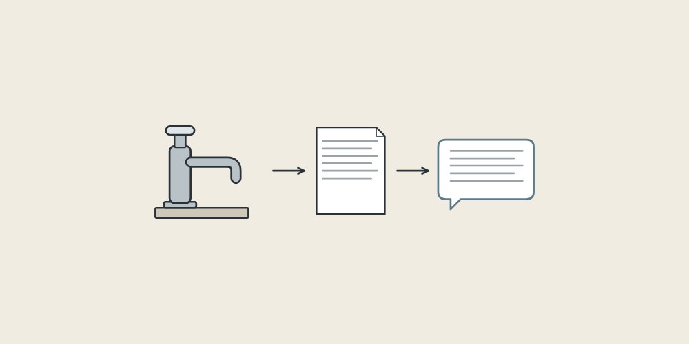 Illustration of a push-button faucet, a document and a message bubble linked by arrows
