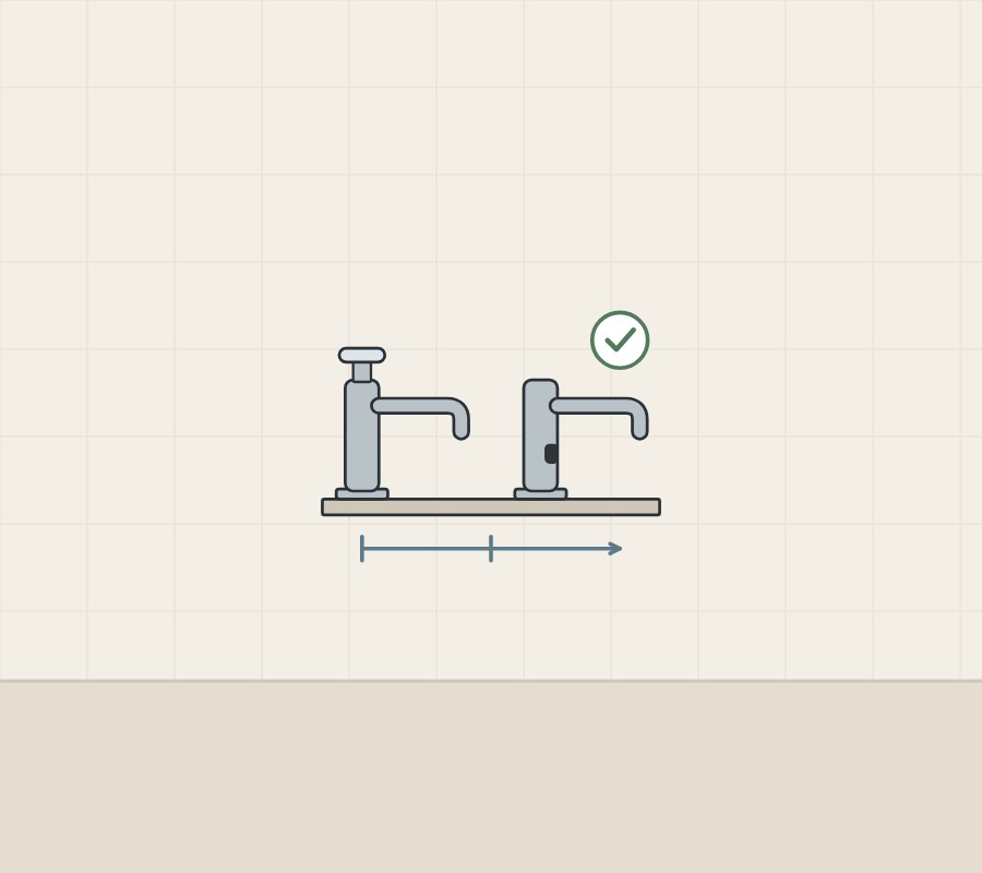 Illustration of a push-button faucet and a sensor faucet above a timeline with start and stop marks, with a tick