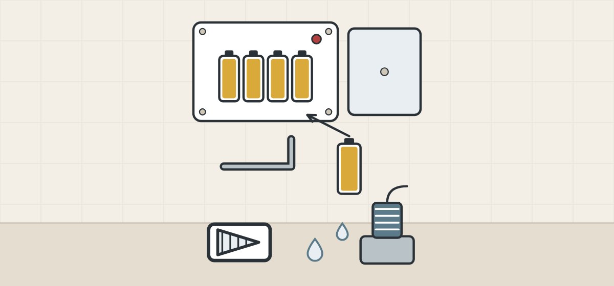Illustration of an opened control box with battery cells, a hex key, a strainer and a solenoid valve