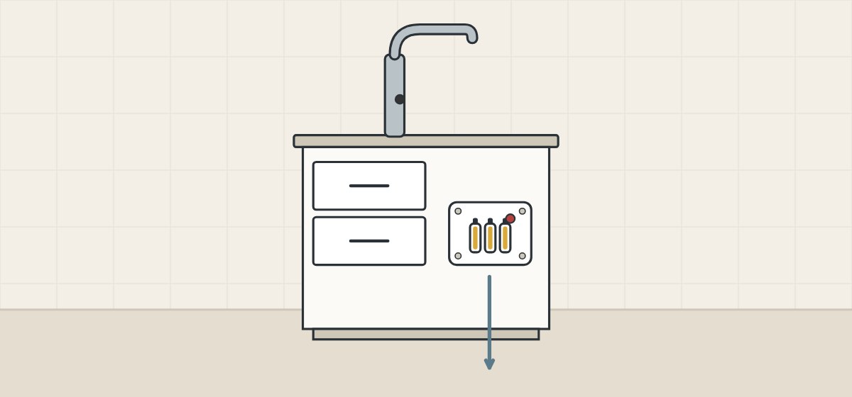 Illustration of a vanity with drawers and a control box inside, with an arrow leading down from the box