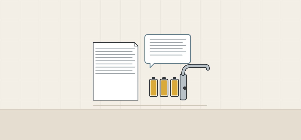 Illustration of a document, a message bubble, battery cells and a sensor faucet