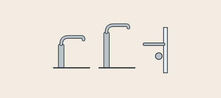 Illustration: a short deck faucet, a tall deck faucet and a wall-mounted spout side by side