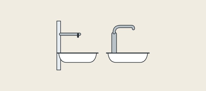 Illustration: a spout coming out of a wall above a basin, beside a faucet standing on a basin deck