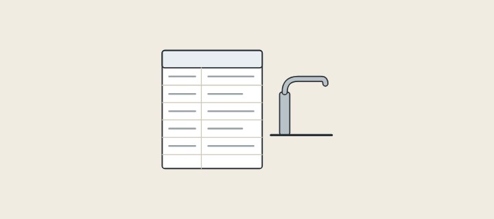 Illustration: a specification sheet with rows of entries beside a basin faucet