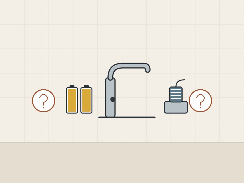 Illustration of battery cells, a sensor faucet and a solenoid valve between two question marks