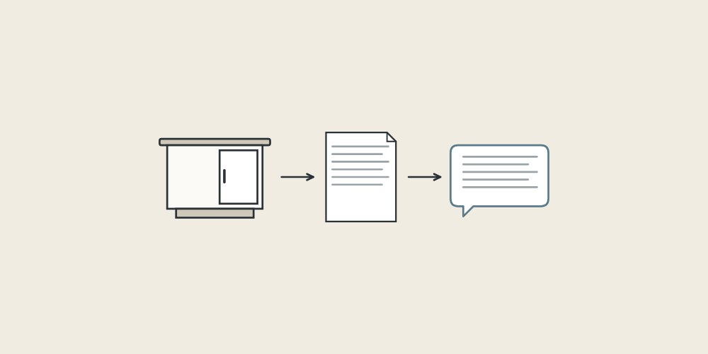 Illustration of a vanity cabinet, a document and a message bubble linked by arrows