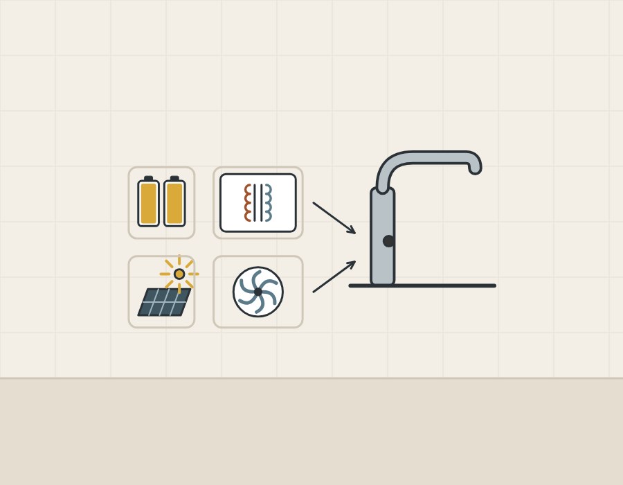 Illustration of battery cells, a transformer, a solar cell and a turbine with arrows pointing to a sensor faucet
