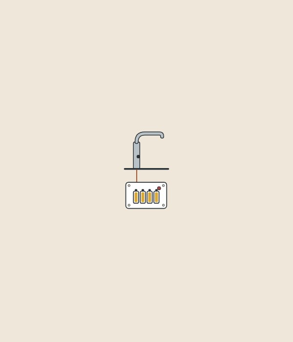Illustration of a sensor faucet on a deck with a lead running down to a box of battery cells