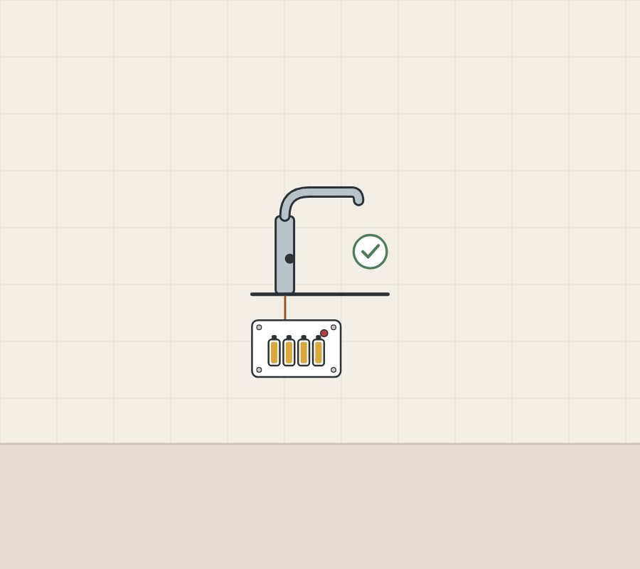 Illustration of a sensor faucet above a control box of battery cells, with a tick