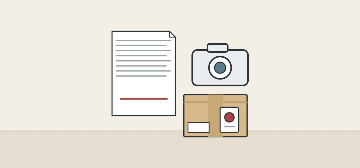 Illustration of a marked delivery receipt, a camera and a carton kept intact