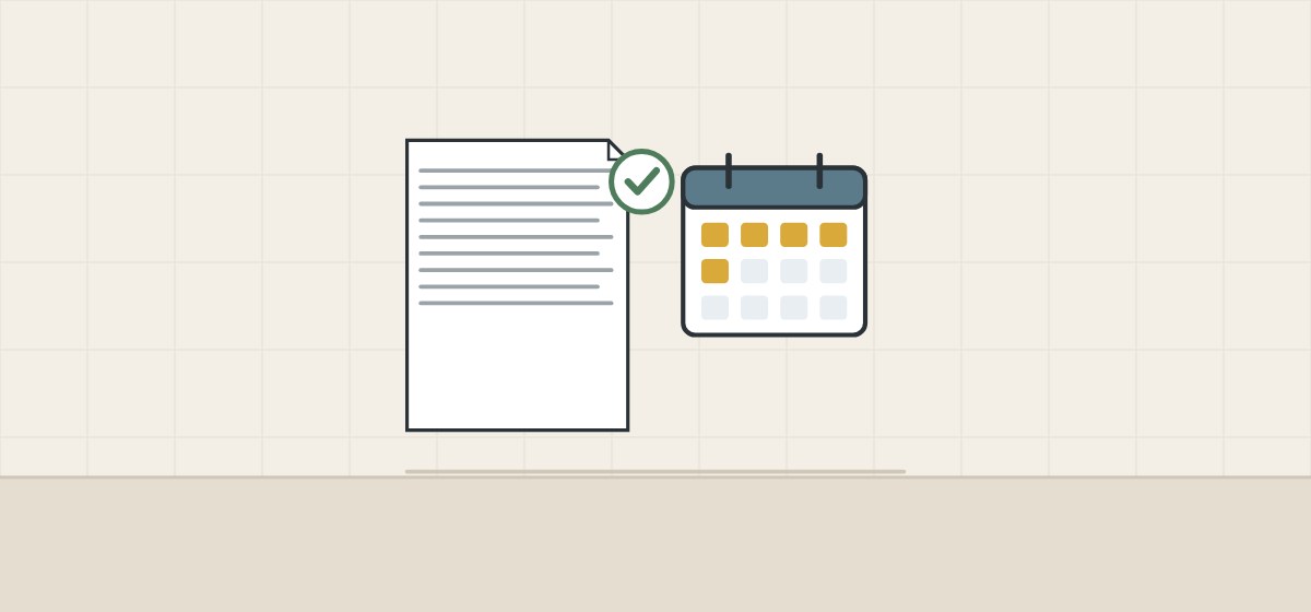 Illustration of a ticked claim document beside a calendar