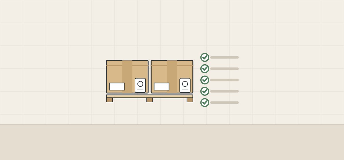 Illustration of two labeled cartons on a pallet beside a ticked checklist