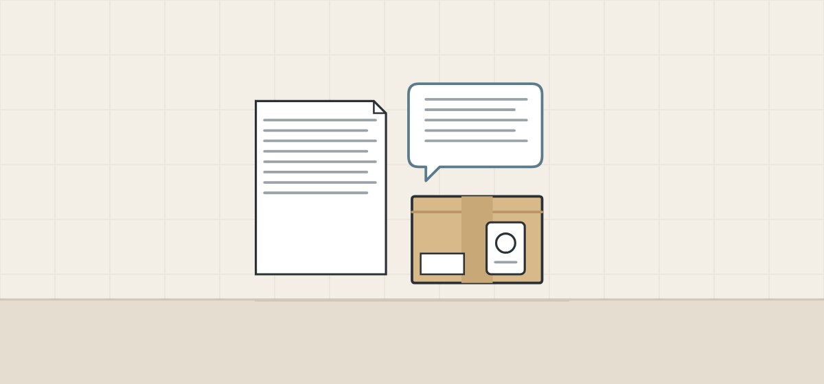 Illustration of a document, a message bubble and a labeled carton