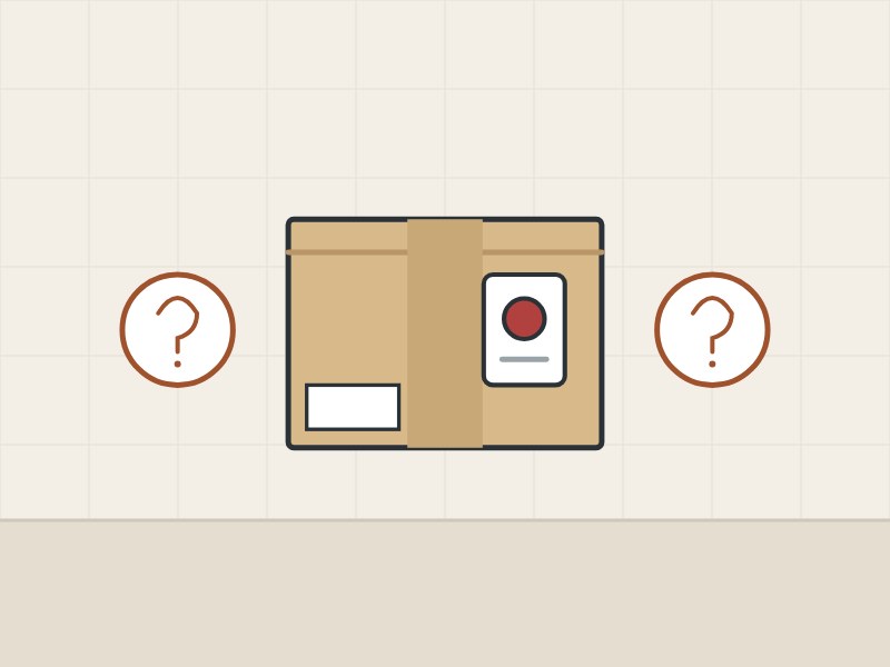 Illustration of a carton with a red impact label between two question marks