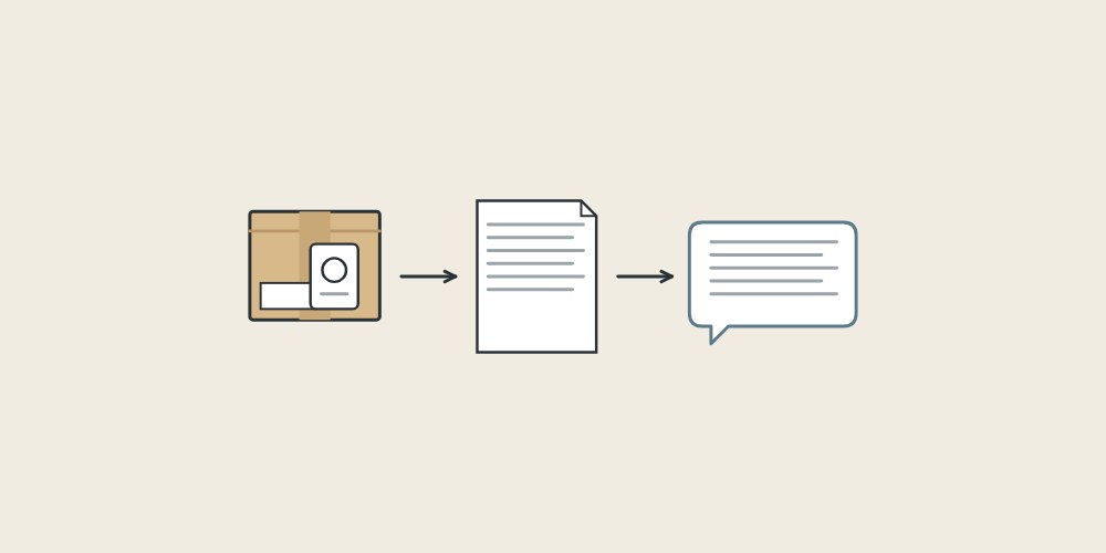 Illustration of a carton, a document and a message bubble linked by arrows