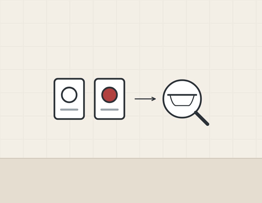 Illustration of a clear and a red impact label with an arrow to a magnifier over a bathtub