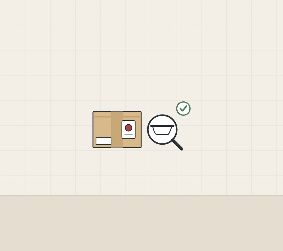 Illustration of a carton with a red label, a magnifier over a bathtub and a tick