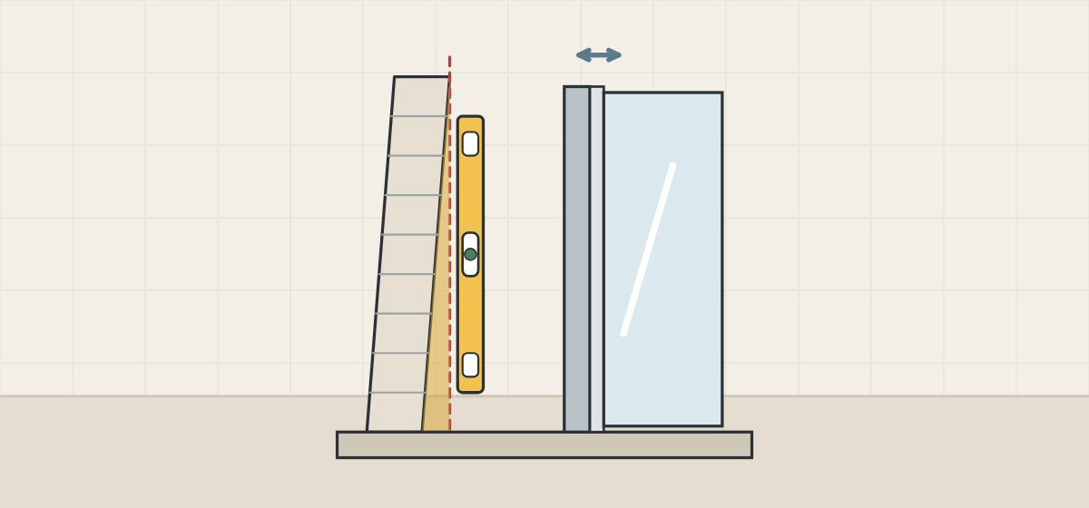 Illustration of a tiled wall leaning away from a plumb line with a spirit level, beside an adjustable wall profile holding glass
