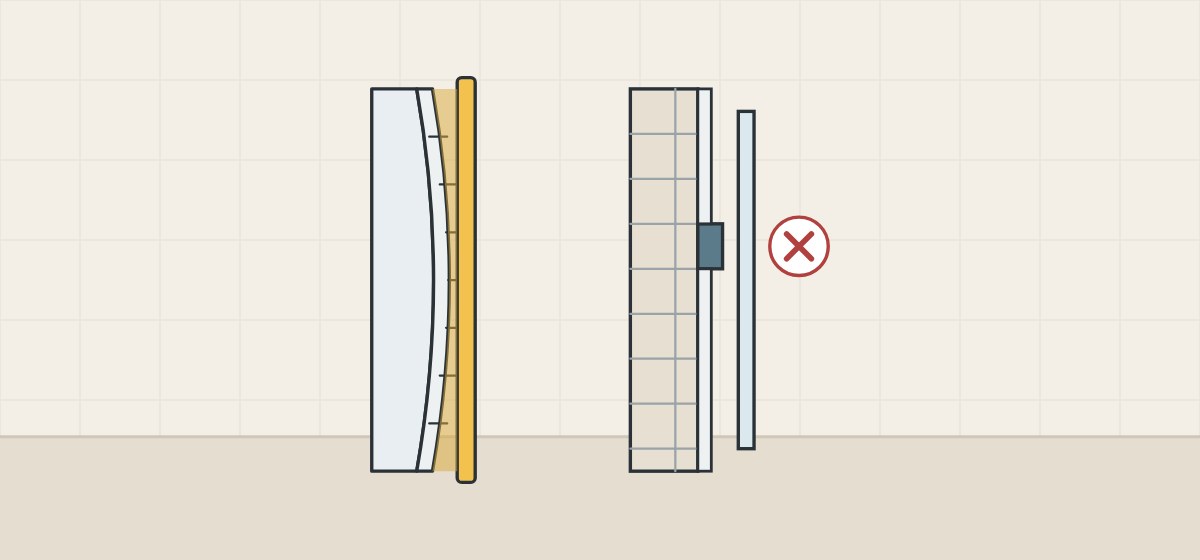 Illustration of a wall surface bowing away from a straightedge, beside a protruding tile next to a glass edge marked with a cross