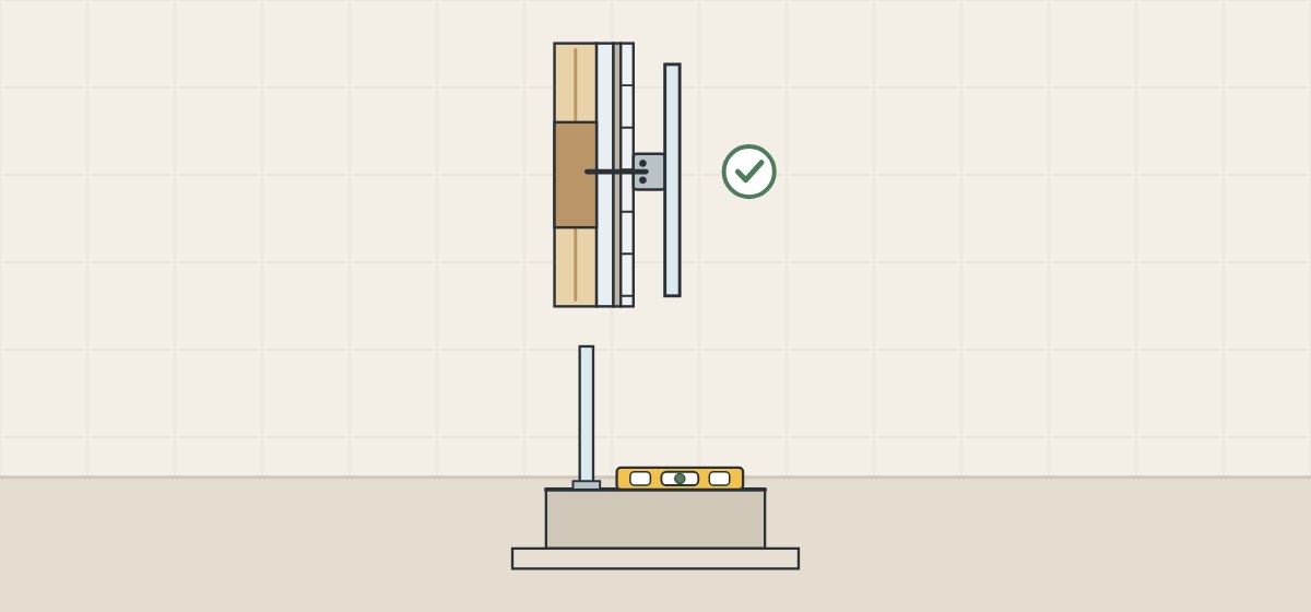 Illustration of a hinge screwed through tile into blocking in the wall, above a glass panel on a flat curb with a spirit level