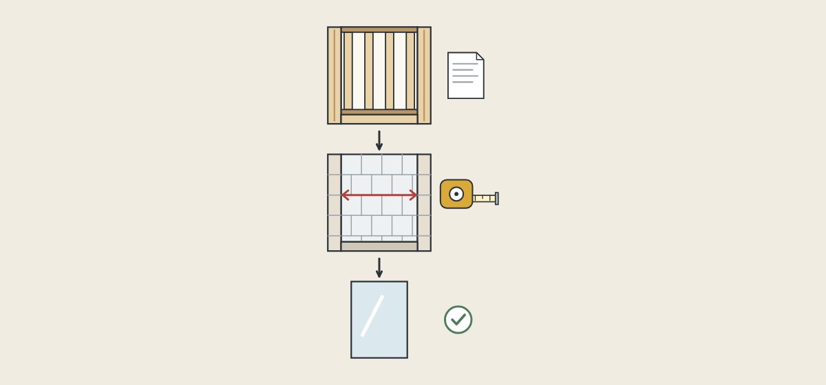 Illustration of three stages: framing with a plan sheet, a tiled opening with a tape measure, and a glass panel with a tick