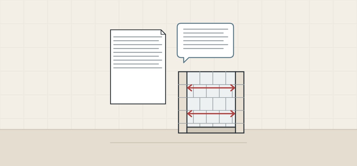 Illustration of a document, a message bubble and a tiled shower opening with two width lines