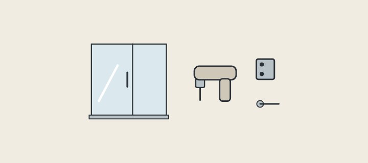 Illustration: a glass shower enclosure beside a drill, a hinge and a screw