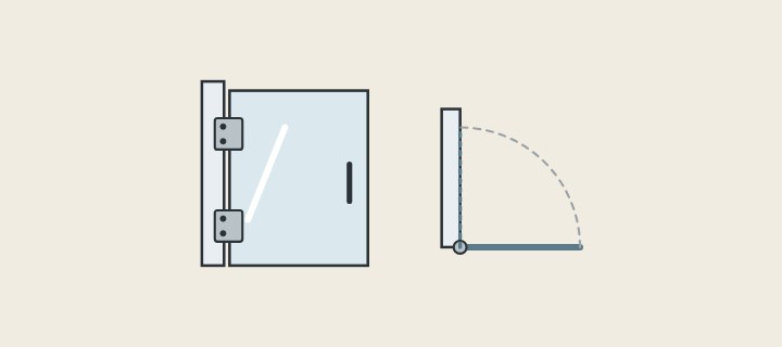 Illustration: a hinged glass door on a wall, beside a plan view of the door and its swing arc