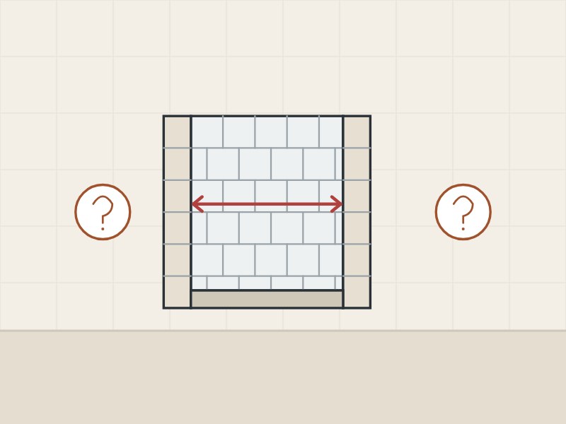 Illustration of a tiled shower opening with a width line between two question marks