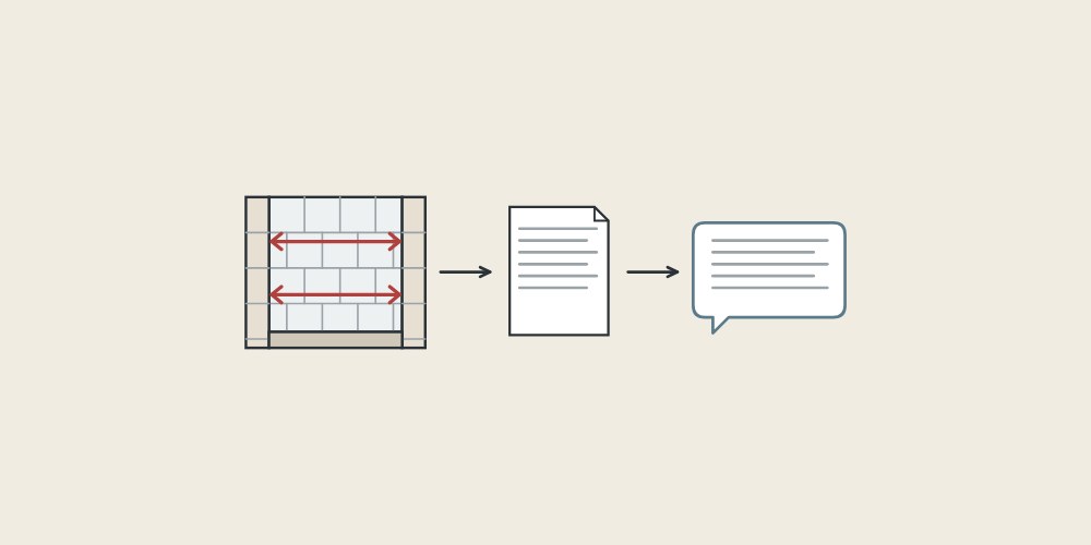 Illustration of a measured shower opening, a document and a message bubble linked by arrows