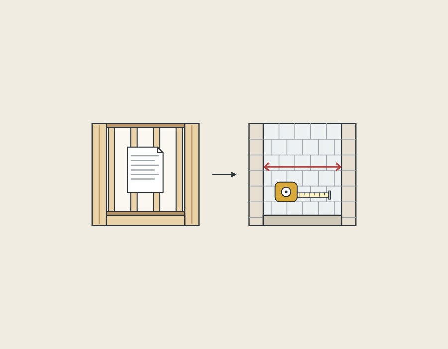 Illustration of a shower opening in bare framing with a plan sheet beside the same opening tiled with a tape measure