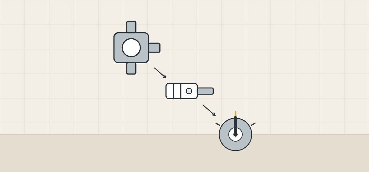 Illustration of a valve rough body, a cartridge and a trim with a lever, linked by arrows