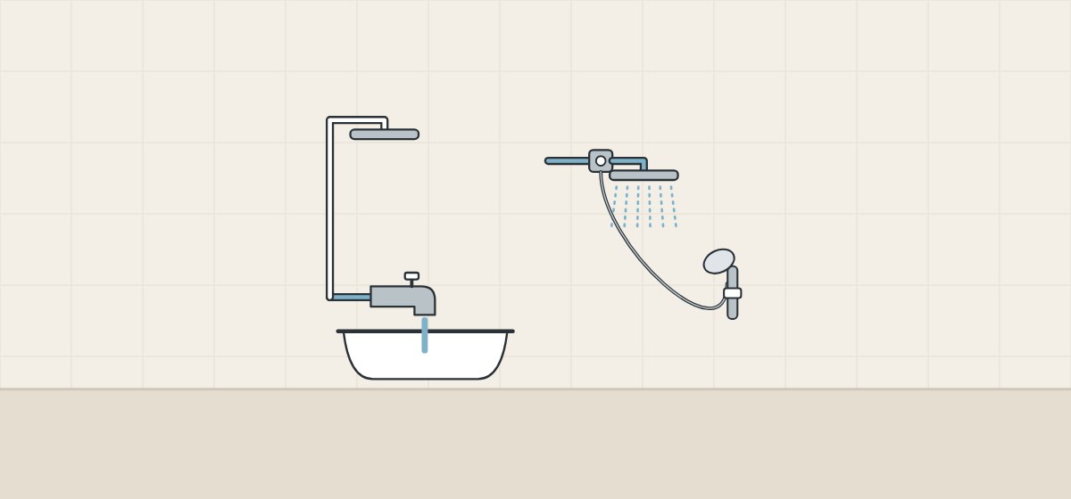 Illustration of a tub spout with a lift knob filling a tub, beside a shower arm diverter feeding a shower head and a hand-shower hose