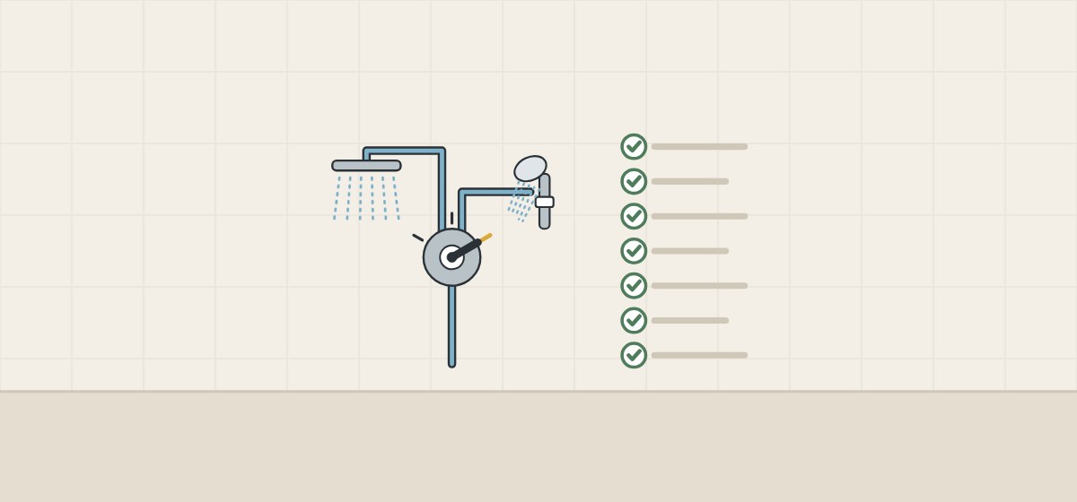 Illustration of a diverter trim feeding two outlets beside a ticked checklist