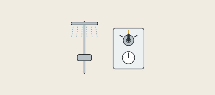 Illustration: a shower column with an overhead shower beside a wall plate with a diverter trim and a control dial
