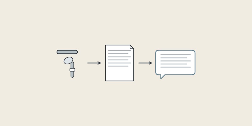 Illustration of a shower head and a hand shower, a document and a message bubble linked by arrows