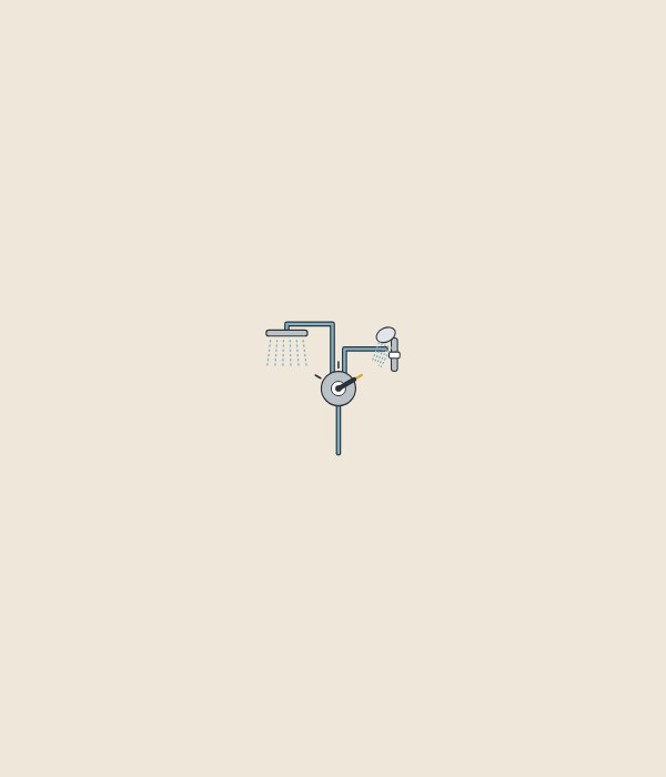Illustration of a diverter trim with three marks feeding an overhead shower and a hand shower that both run