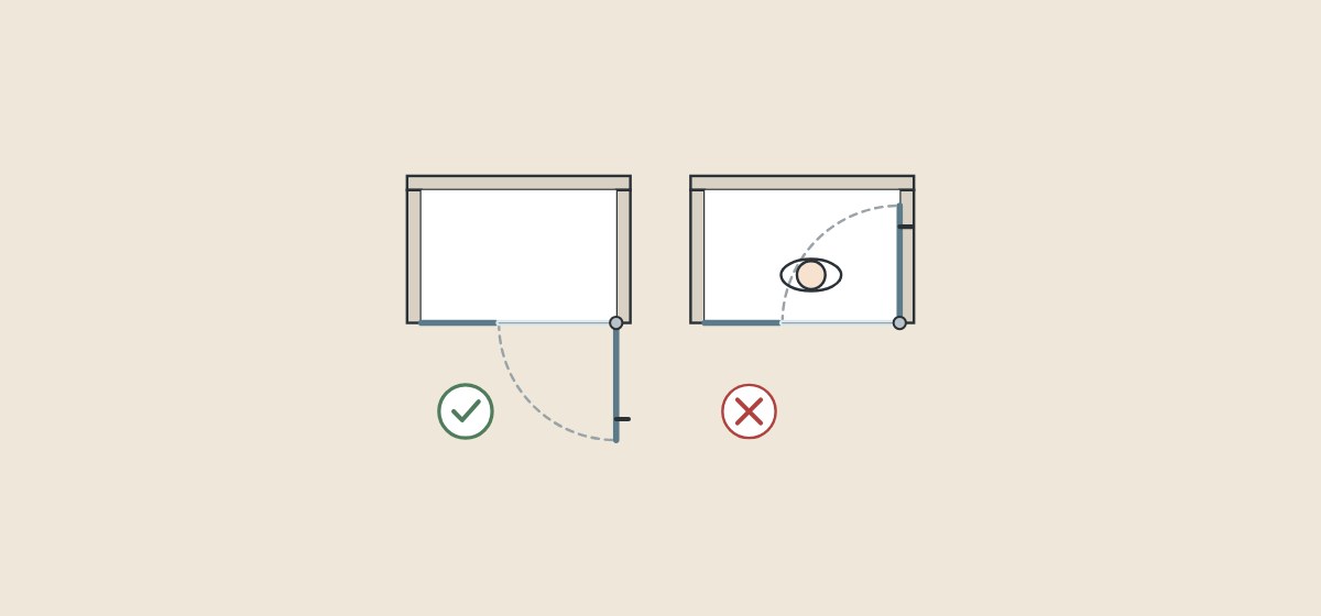 Illustration of a shower door opening outward, ticked, beside a door that opens inward only, against a person inside, crossed