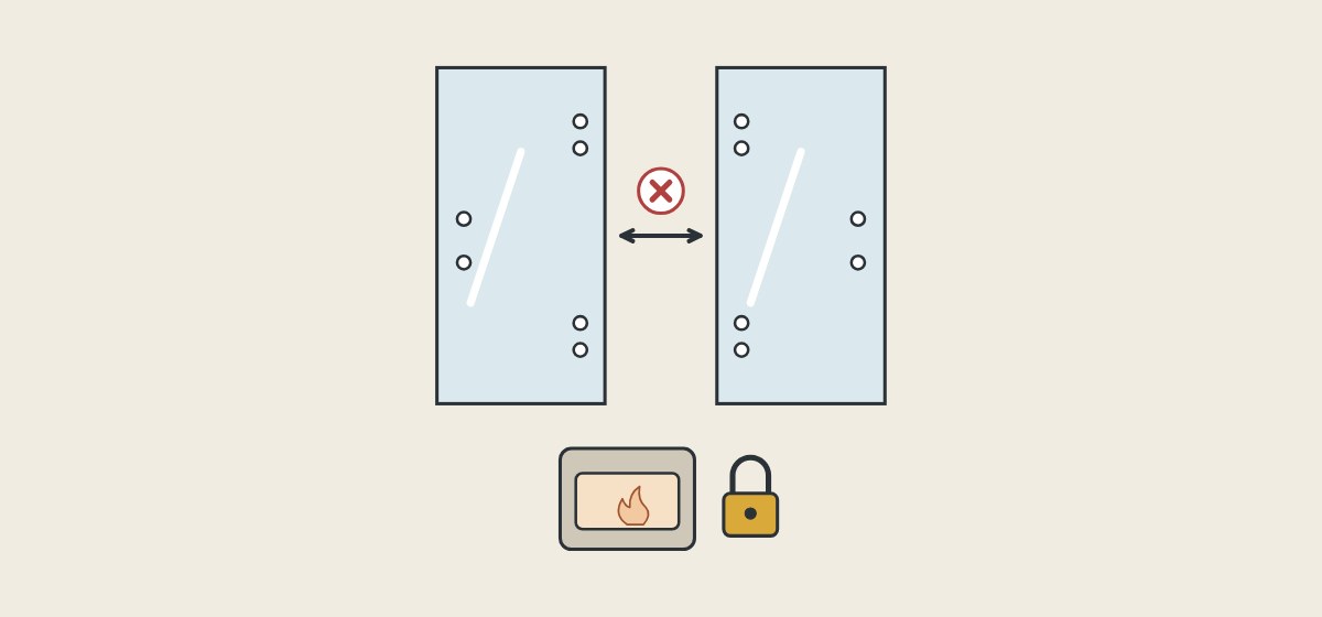 Illustration of two glass door panels with hinge holes on opposite edges, above a furnace and a padlock